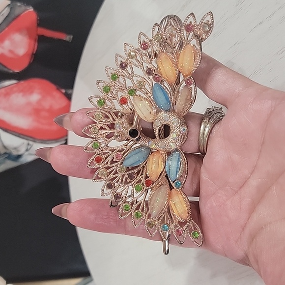 Peacock Multi Color Gemstone Alligator Hair Clip Barrette Accessory - Picture 5 of 8